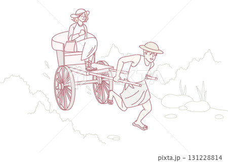 Man pulling rickshaw with female passenger 131228814