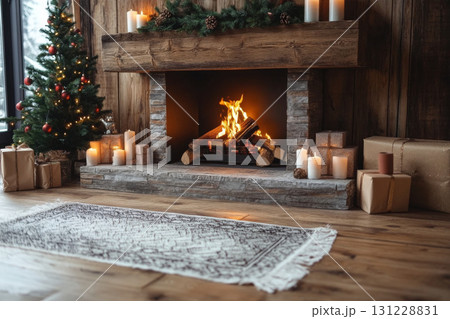 Cozy living room with fireplace and Christmas tree, candles on the mantle Cozy living room with fireplace and Christmas tree, candles on the mantle 131228831