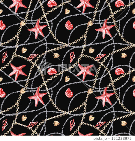 A seamless pattern with intertwined gold and silver chains, starfish, and shells on a black background. Watercolor illustration for jewelry packaging design, display cases, and fabric printing. A seamless pattern with intertwined gold and silver chains, starfish, and shells on a black background. Watercolor illustration for jewelry packaging design, display cases, and fabric printing. 131228973
