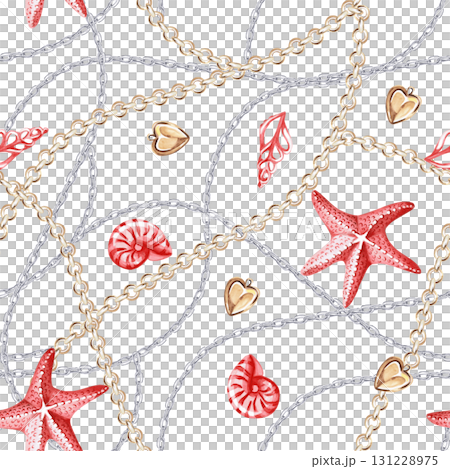 A seamless pattern with intertwined gold and silver chains, starfish, and shells. Isolated watercolor illustration for jewelry packaging, display cases, fabric printing, and postcards. 131228975