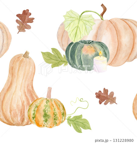 Pumpkins, butternut squash, green gourds, candles, oak leaves, vines. Seamless watercolor pattern isolated on white perfect for Thanksgiving, seasonal packaging, fabric, wrapping paper, rustic kitchen 131228980