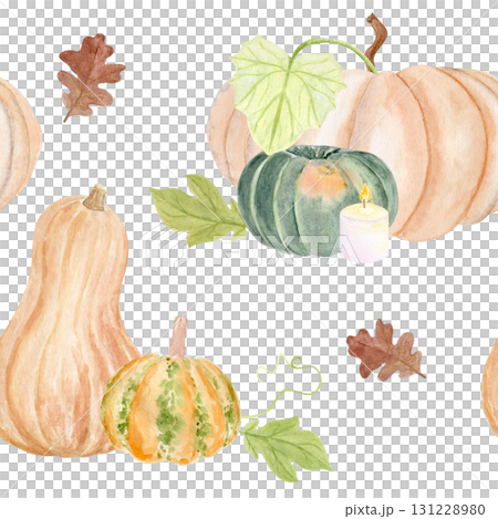 Pumpkins, butternut squash, green gourds, candles, oak leaves, vines. Seamless watercolor pattern isolated on white perfect for Thanksgiving, seasonal packaging, fabric, wrapping paper, rustic kitchen 131228980