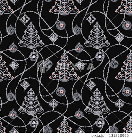 A seamless pattern with Christmas trees and silver chain ornaments on a black background. Isolated watercolor illustration for jewelry packaging, display cases, fabric printing, and Christmas cards. A seamless pattern with Christmas trees and silver chain ornaments on a black background. Isolated watercolor illustration for jewelry packaging, display cases, fabric printing, and Christmas cards. 131228996