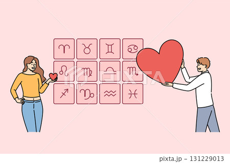 Love horoscope is used by woman to select sexual partner, standing near signs of zodiac with heart Love horoscope is used by woman to select sexual partner, standing near signs of zodiac with heart 131229013