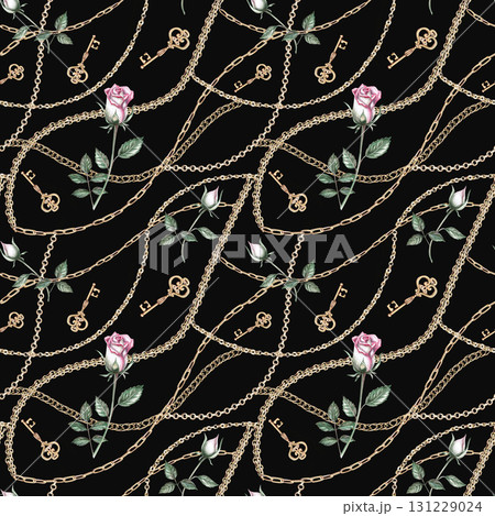 A seamless pattern with gold chains, a key, and roses on a black background. Watercolor illustration for jewelry packaging design, fabric printing, window dressing, discount coupons, and postcards. 131229024