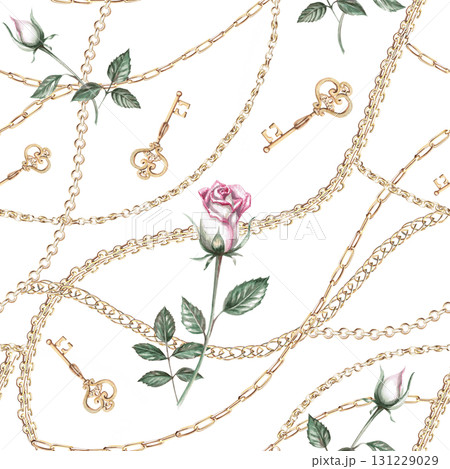 Seamless pattern with gold chains, a key, and roses. Isolated watercolor illustration for jewelry packaging design, fabric printing, window dressing, discount coupons, and New Year's cards. 131229029