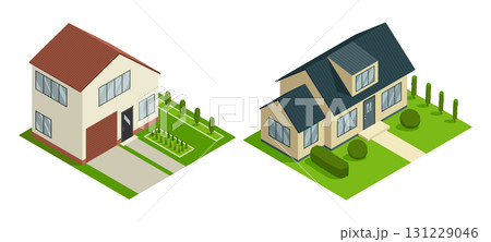 Isometric cottage icon set. Suburb house composition with lawn vector illustration. Infographic element representing suburban building. Private house enterprises of real estate Isometric cottage icon set. Suburb house composition with lawn vector illustration. Infographic element representing suburban building. Private house enterprises of real estate 131229046