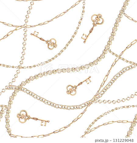 Seamless pattern with gold chains and a key. Isolated watercolor illustration for jewelry packaging design, fabric printing, window dressing, discount coupons, and New Year's cards. 131229048
