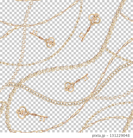 Seamless pattern with gold chains and a key. Isolated watercolor illustration for jewelry packaging design, fabric printing, window dressing, discount coupons, and New Year's cards. 131229048