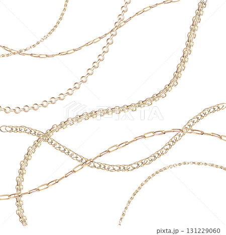 A square frame with intertwined gold chains. Isolated watercolor illustration for jewelry packaging design, display cases, fabric printing, and discount coupons. 131229060