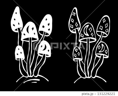Magic Creepy Mushroom Doodles. Isolated Space Fungi. Textured White Hand Drawn on Black Background. Outline Vector Sketch for design Scary Halloween. Not AI 131229221