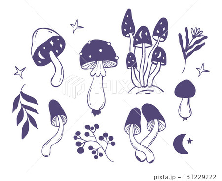 Magic Mushroom Doodles. Mystical Creepy, Space Fungi, fly agaric. Forest edible and poisonous, flower, plants and berry Sketch. Isolated Textured Hand Drawn on White. Vector Illustration. Not AI Magic Mushroom Doodles. Mystical Creepy, Space Fungi, fly agaric. Forest edible and poisonous, flower, plants and berry Sketch. Isolated Textured Hand Drawn on White. Vector Illustration. Not AI 131229222