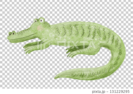 Simple crocodile watercolor illustration isolated on white. Child drawing of African savannah animal for nursery designs. Hand drawn alligator children sketch clip art for safari decor 131229295