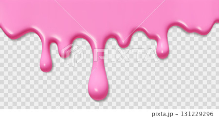 Pink ice cream background with melt drip effect for dessert designs - glossy liquid flowing down on transparent bg. Sweet candy decoration element or strawberry syrup banner with smooth texture. Pink ice cream background with melt drip effect for dessert designs - glossy liquid flowing down on transparent bg. Sweet candy decoration element or strawberry syrup banner with smooth texture. 131229296