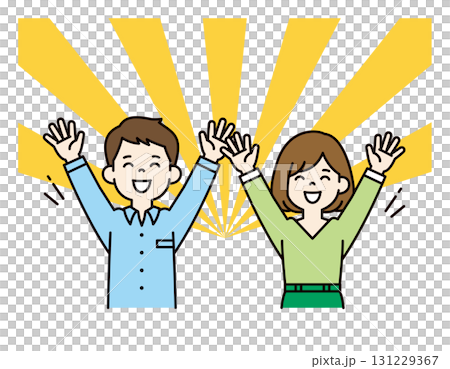 集中線と、大喜びで万歳をする若い男性と女性の上半身ベクターイラスト素材＿カラー 131229367