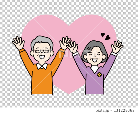 大きいハートと、笑顔でバンザイする老いた男性と女性の上半身ベクターイラスト素材_カラー 大きいハートと、笑顔でバンザイする老いた男性と女性の上半身ベクターイラスト素材_カラー 131229368