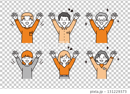 嬉しそうに万歳をする、いろいろな世代の男性と女性の上半身ベクターイラスト素材セット 131229373