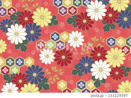 華やかな菊と亀甲模様の和柄 華やかな菊と亀甲模様の和柄 131229397