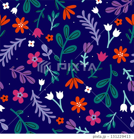 Seamless pattern with bright flowers and leaves on a blue background. Vector graphics. 131229413