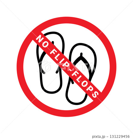 No flip-flops allowed sign. Black beach sandals crossed by a red prohibition circle. Vector illustration of forbidden open footwear, 131229456
