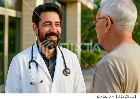 Smiling Male Doctor Talking with Elderly Patient Outdoors 131229511