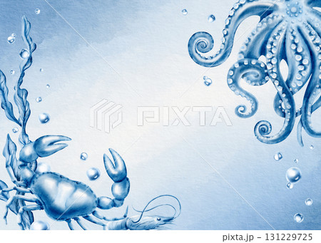 Seafood corner template featuring octopus,crab,shrimp,seaweed,air bubbles,captured in soft blue monochrome.Hand-drawn watercolor clipart on sea background for fish restaurant menu or marine parties 131229725