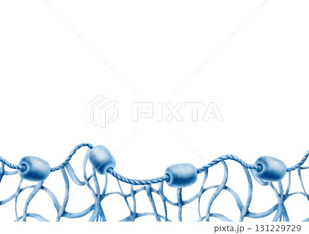 Horizontal marine template buoys made of foam on a twisted rope with a fishing net in a monochrome watercolor illustration for decorating marine-themed parties and fish restaurants.Hand-drawn clipart 131229729