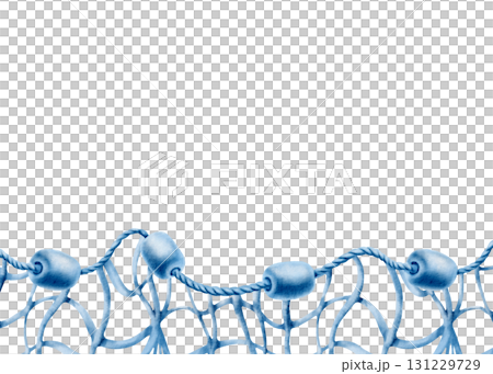 Horizontal marine template buoys made of foam on a twisted rope with a fishing net in a monochrome watercolor illustration for decorating marine-themed parties and fish restaurants.Hand-drawn clipart 131229729