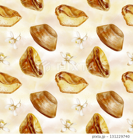 Pastel de nata-traditional Portuguese dessert with lemon tree flowers in seamless pattern.Hand-drawn food watercolor illustration.For bakery branding,travel blogs about Portugal 131229740