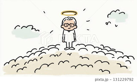 天使になって雲の上に立つメガネのおじいさんのイラスト 131229792
