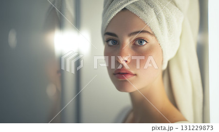 AI-generated item. Close-up portrait of young woman with blue eyes and towel on head. 131229873