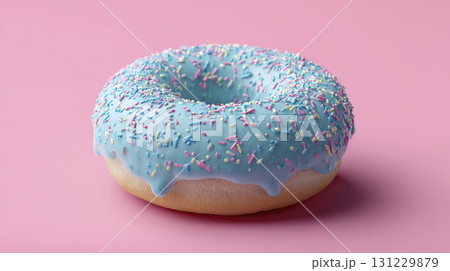 AI-generated item. Blue iced donut with colorful sprinkles on a bright pink background. 131229879