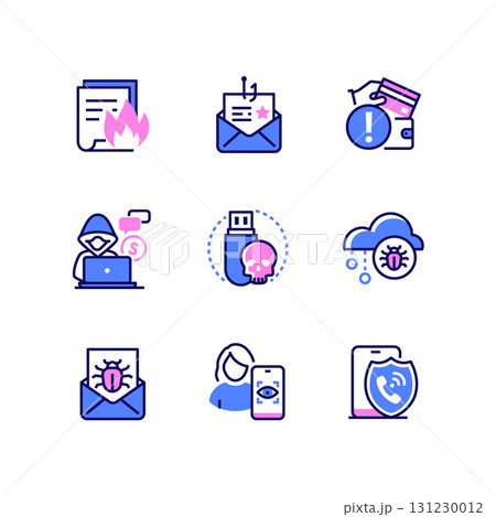 Computer attacks - colorful line design style icons Computer attacks - colorful line design style icons 131230012