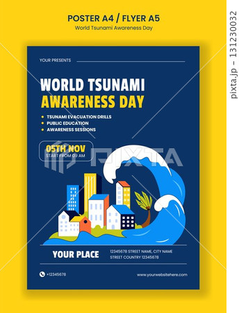 Flyer Design Illustration for World Tsunami Awareness Day with Flat Cartoon Templates Background 131230032