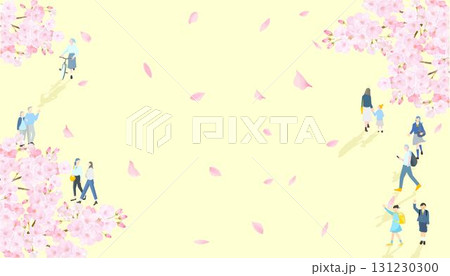 上から見た桜と人々ー全身ーお花見シーズンー新学期ー春ー桜舞い散る背景ベクターイラスト素材 131230300