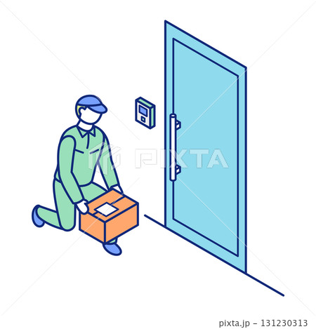 配達員が玄関前に荷物を置くアイソメトリックイラスト 配達員が玄関前に荷物を置くアイソメトリックイラスト 131230313