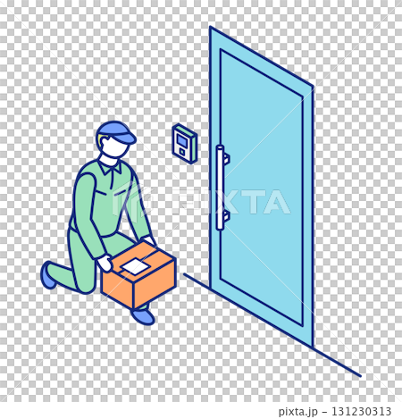 配達員が玄関前に荷物を置くアイソメトリックイラスト 配達員が玄関前に荷物を置くアイソメトリックイラスト 131230313