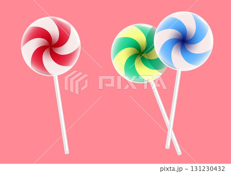 Striped round lollipop. Cartoon vector isolated on pink background 131230432