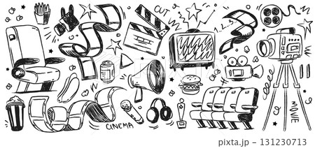 Cinema doodle set with film sketch elements Cinema doodle set with film sketch elements 131230713