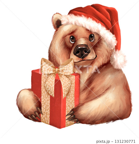 Hand-drawn illustration of a cute bear in a Santa hat holding a decorated gift box. Design for Christmas cards or holiday projects Hand-drawn illustration of a cute bear in a Santa hat holding a decorated gift box. Design for Christmas cards or holiday projects 131230771