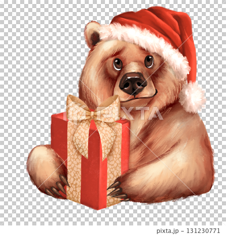 Hand-drawn illustration of a cute bear in a Santa hat holding a decorated gift box. Design for Christmas cards or holiday projects Hand-drawn illustration of a cute bear in a Santa hat holding a decorated gift box. Design for Christmas cards or holiday projects 131230771