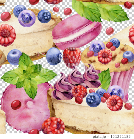 Berry cheesecake slice with merengue swirl, souffle sandwich cake, mint leaves on macaron hand painted in watercolor. Seamless pattern for baking visuals, digital art, product labels, recipe layouts. 131231183