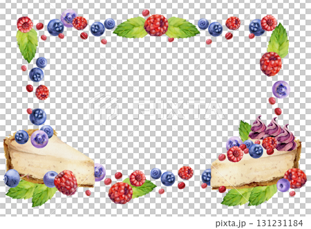 Plump berries topping cheesecake with mint leaves, blueberry raspberry scattered in corner frame. Isolated hand painted illustration. Event menus, recipe visuals, wrapping paper, editorial spreads. 131231184