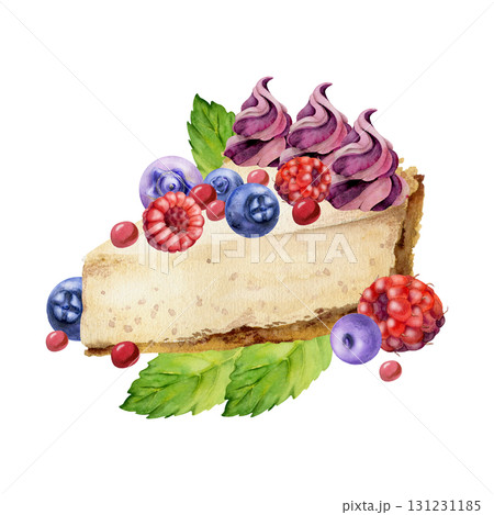 Fresh berries scattered on cheesecake slice topped with mint leaves and mousse twirl, ripe blueberry and raspberry. Watercolor dessert illustration. Culinary recipe graphics, event decor, bakery tags. Fresh berries scattered on cheesecake slice topped with mint leaves and mousse twirl, ripe blueberry and raspberry. Watercolor dessert illustration. Culinary recipe graphics, event decor, bakery tags. 131231185