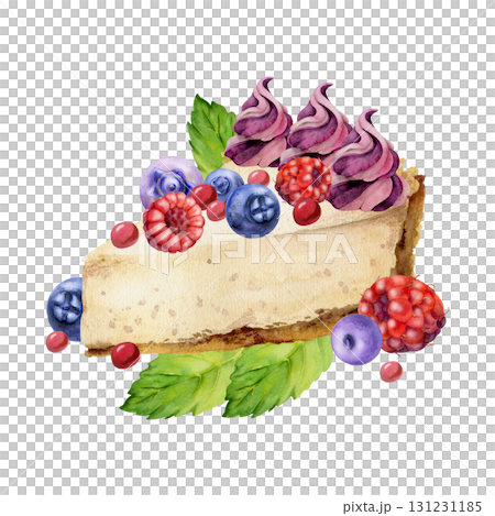 Fresh berries scattered on cheesecake slice topped with mint leaves and mousse twirl, ripe blueberry and raspberry. Watercolor dessert illustration. Culinary recipe graphics, event decor, bakery tags. Fresh berries scattered on cheesecake slice topped with mint leaves and mousse twirl, ripe blueberry and raspberry. Watercolor dessert illustration. Culinary recipe graphics, event decor, bakery tags. 131231185