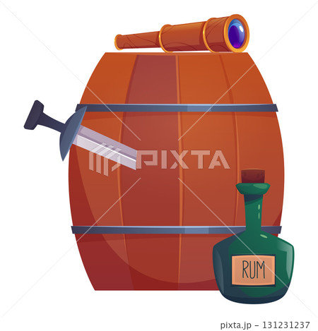 Antique rum wooden barrel and glass bottle, sabre and spyglass, vector flat pirate captain ship cabin elements Antique rum wooden barrel and glass bottle, sabre and spyglass, vector flat pirate captain ship cabin elements 131231237