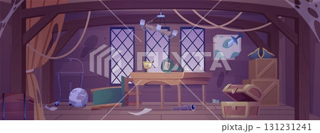 Destroyed and abandoned pirate captain ship cabin, vector cartoon broken wooden room interior in cobweb, empty chest Destroyed and abandoned pirate captain ship cabin, vector cartoon broken wooden room interior in cobweb, empty chest 131231241