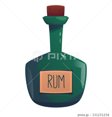 Rum bottle with label flat vector icon, vintage green glass jar with cork, pirate drink, alcohol beverage isolated 131231258