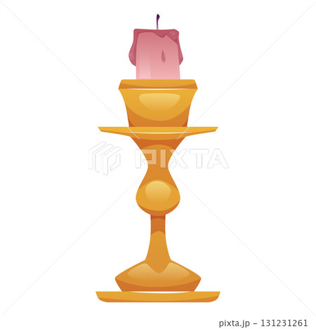 Candle on a vintage golden stand vector flat illustration, cartoon paraffin candle with dripping or flowing wax isolated 131231261