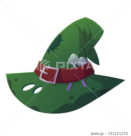 Pointed witch hat, with belt, mushrooms, dirty with patch and holes, green color. 131231270